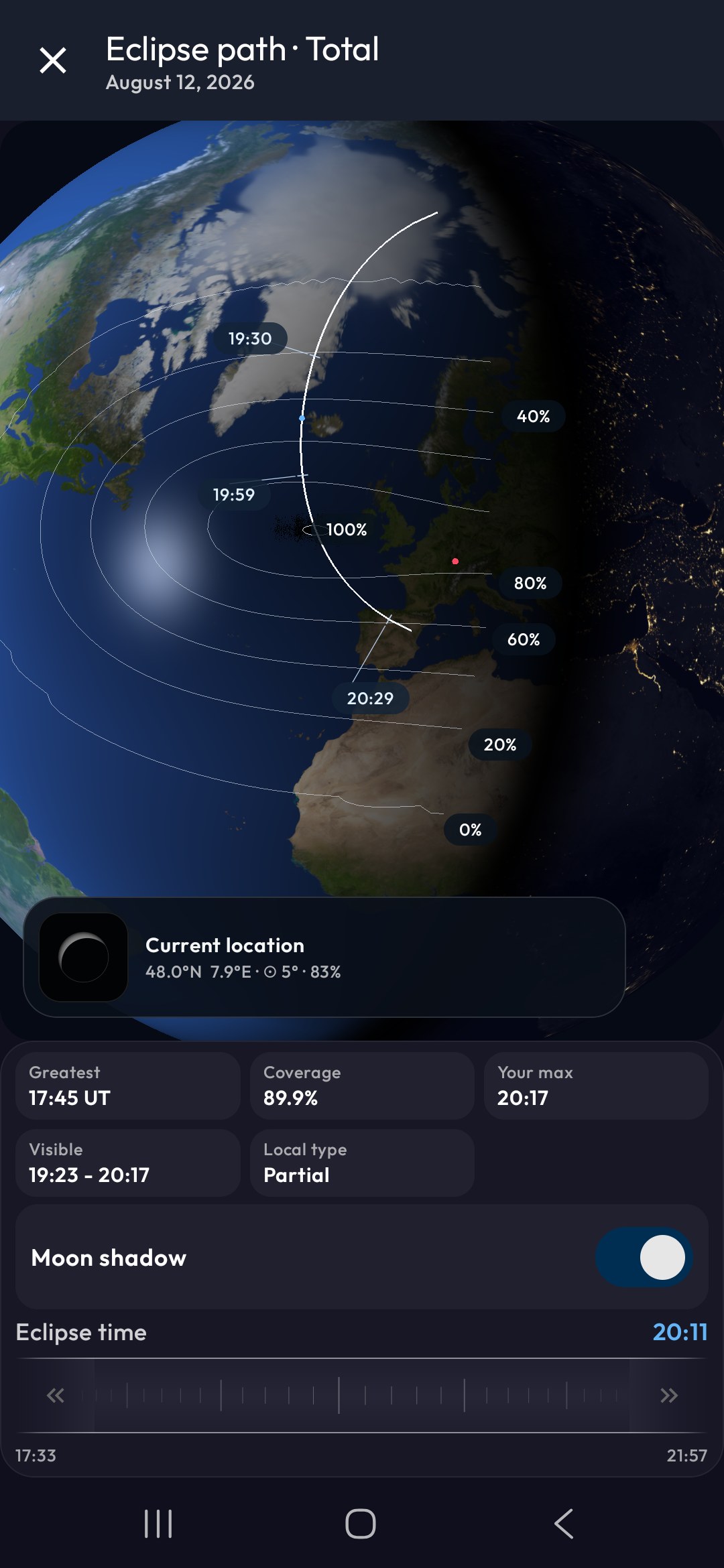 Solar eclipse 2026 path map in Mobile Observatory